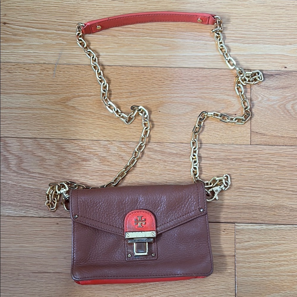 Tory Burch Orange and Brown Crossbody Bag with Gold Chain
